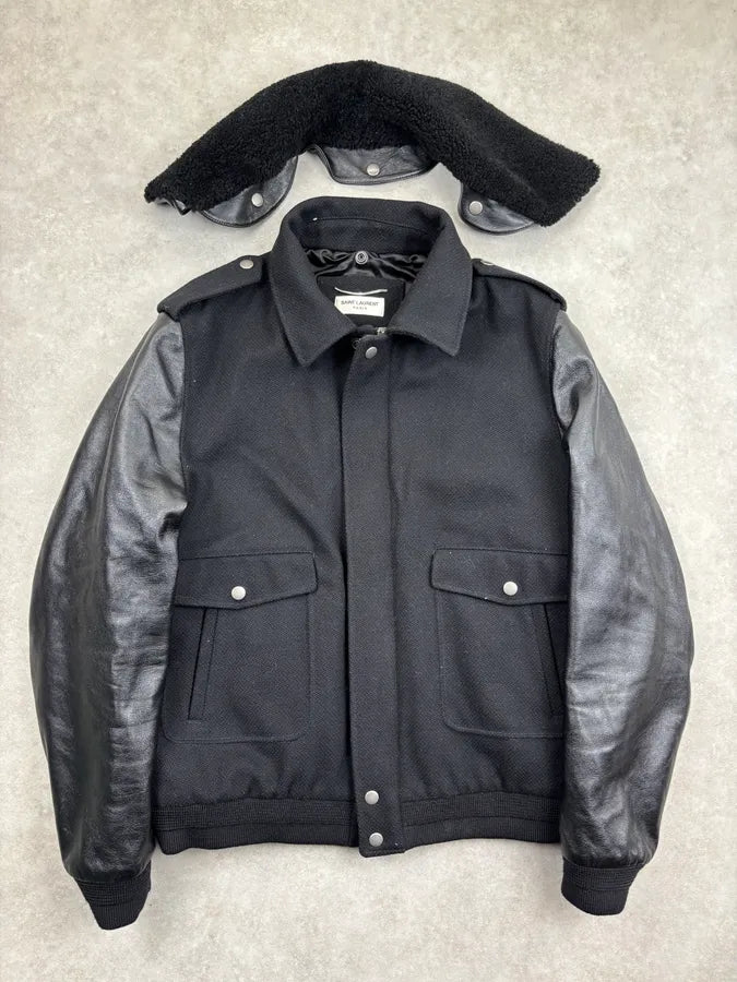 FW2019 Saint Lauren Hybrid Black Wool Leather Bomber Jacket NyNnbJA 3