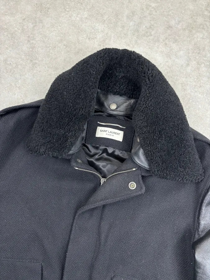 FW2019 Saint Lauren Hybrid Black Wool Leather Bomber Jacket NyNnbJA 5