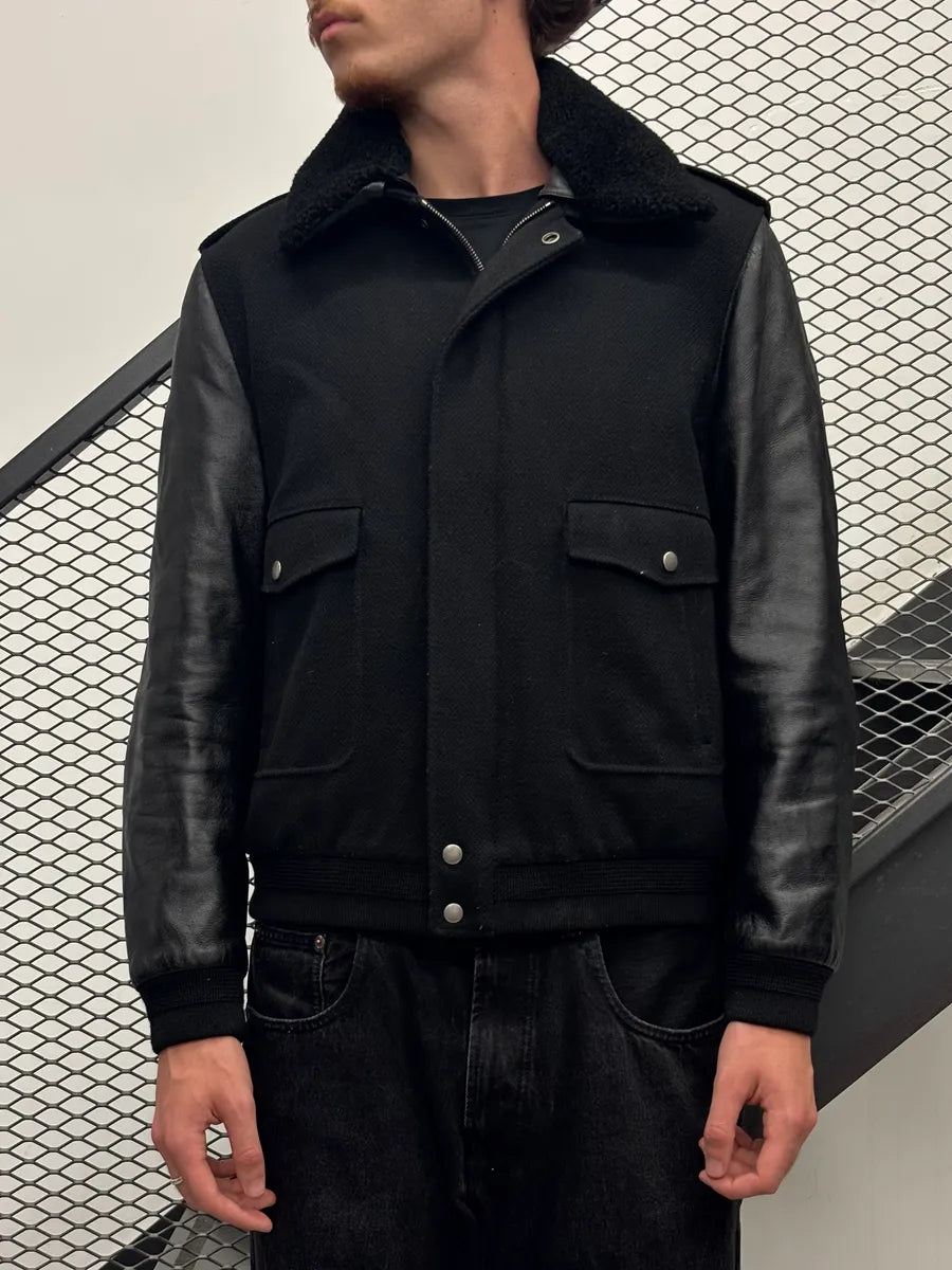 FW2019 Saint Lauren Hybrid Black Wool Leather Bomber Jacket NyNnbJA 1