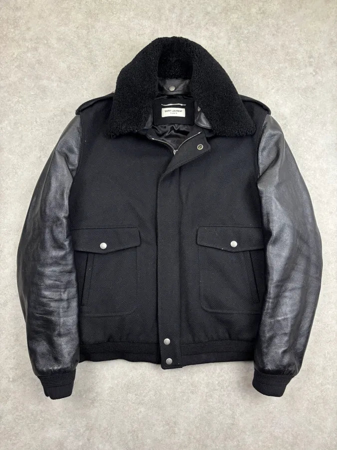 FW2019 Saint Lauren Hybrid Black Wool Leather Bomber Jacket NyNnbJA 0