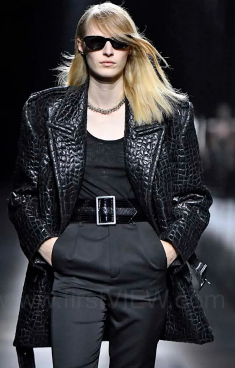 FW2019 Saint Laurent Black Crocodile Embossed Leather Double-Breasted Jacket CDZqrFmt 4