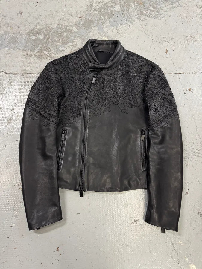 FW2020 Emporio Armani Black Leather Crystal-Embellished Asymmetrical Zip Jacket GeQzmCj 0