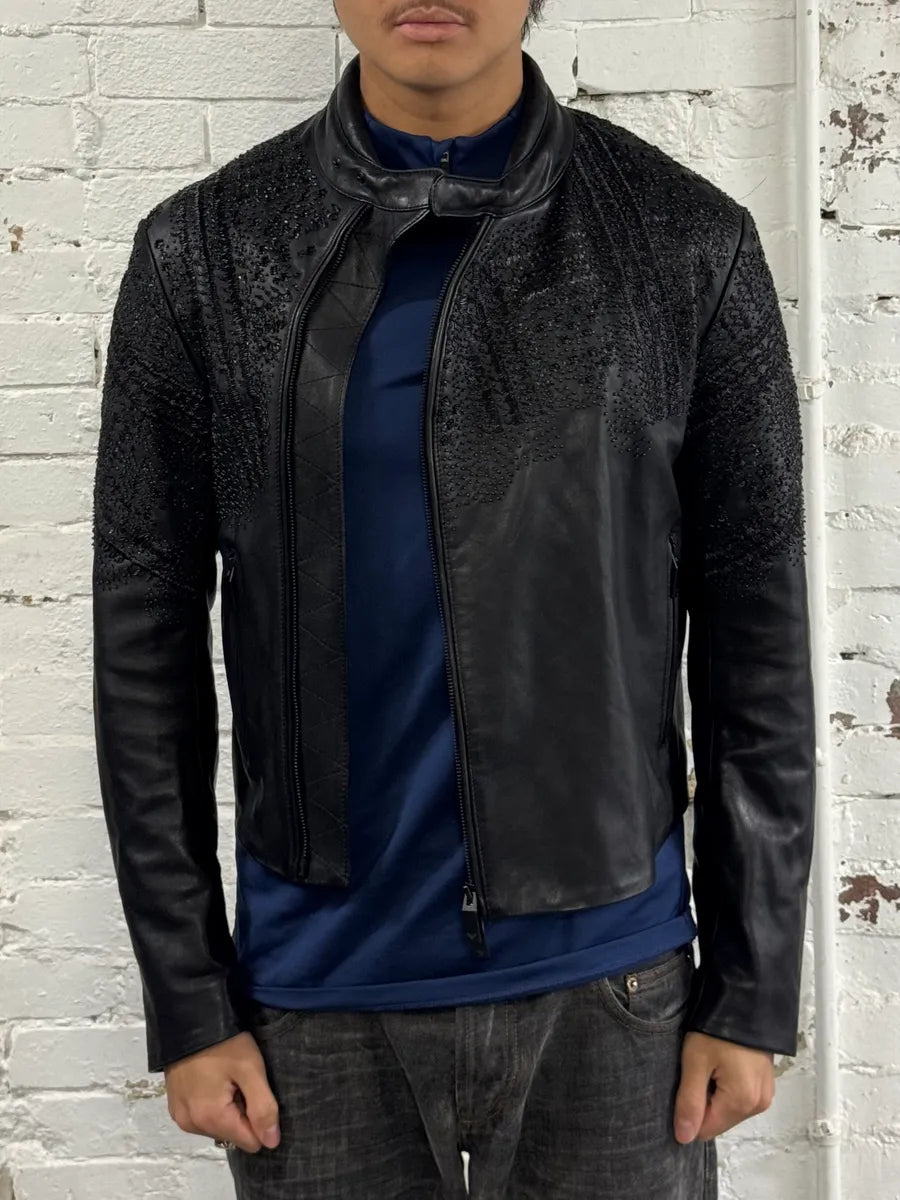 FW2020 Emporio Armani Black Leather Crystal-Embellished Asymmetrical Zip Jacket GeQzmCj 1