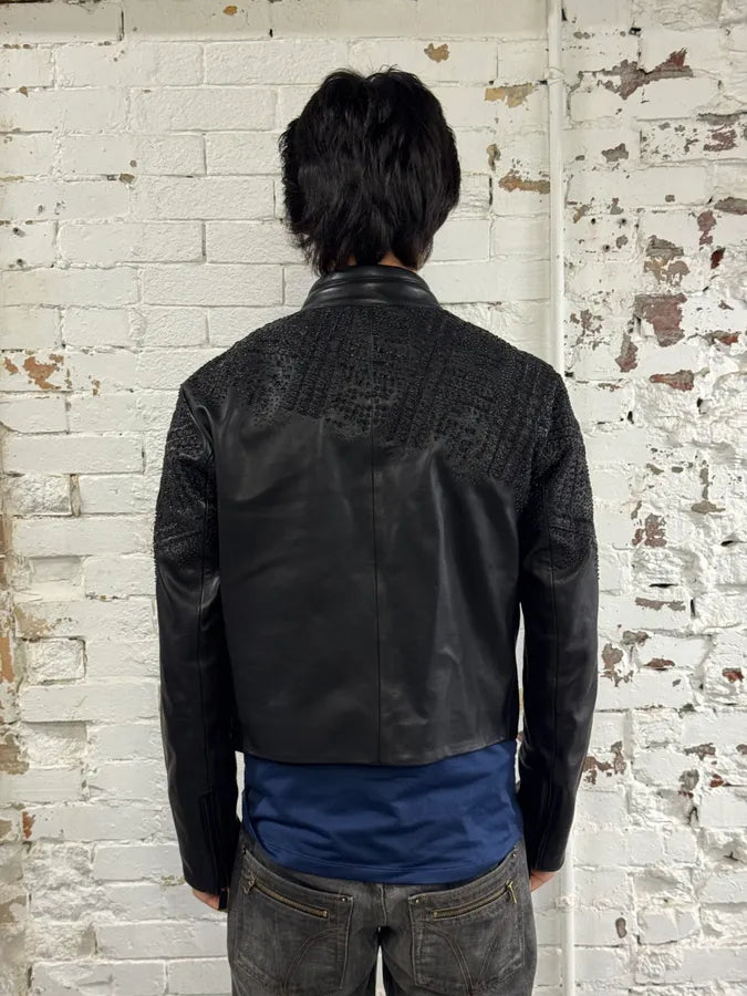 FW2020 Emporio Armani Black Leather Crystal-Embellished Asymmetrical Zip Jacket GeQzmCj 2