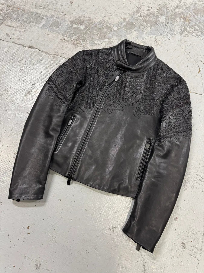 FW2020 Emporio Armani Black Leather Crystal-Embellished Asymmetrical Zip Jacket GeQzmCj 3