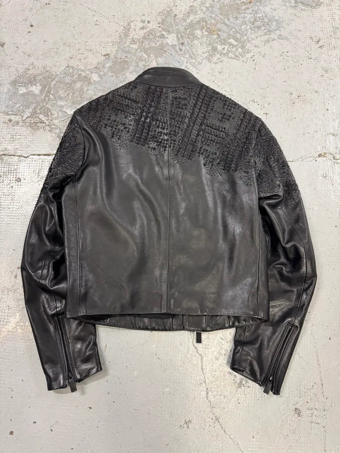 FW2020 Emporio Armani Black Leather Crystal-Embellished Asymmetrical Zip Jacket GeQzmCj 4