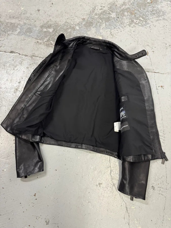 FW2020 Emporio Armani Black Leather Crystal-Embellished Asymmetrical Zip Jacket GeQzmCj 7