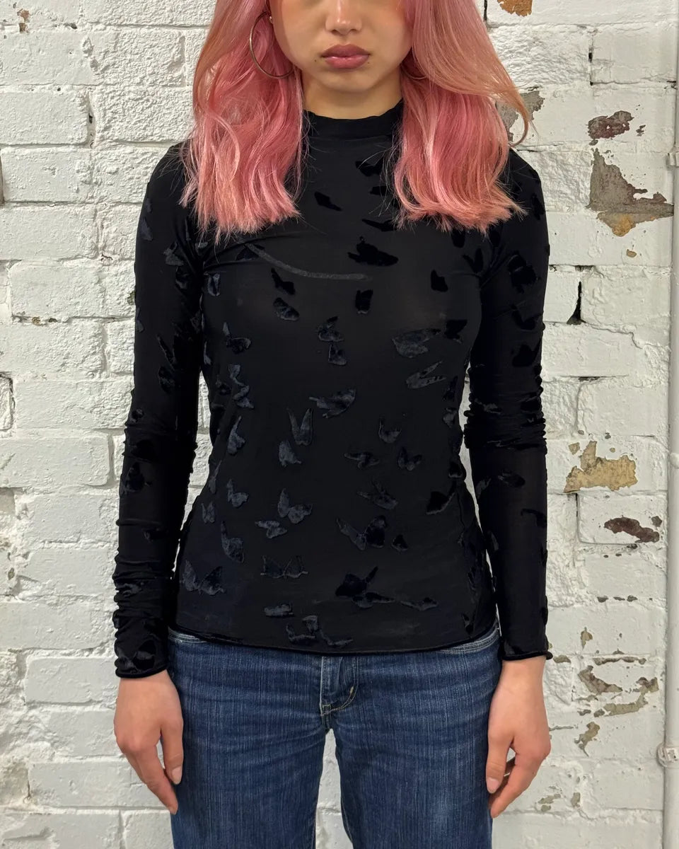 FW2023 Saint Laurent Velvet Butterfly Motifs Black Transparent Turtle Neck Longsleeve Top zeJloQJ 0