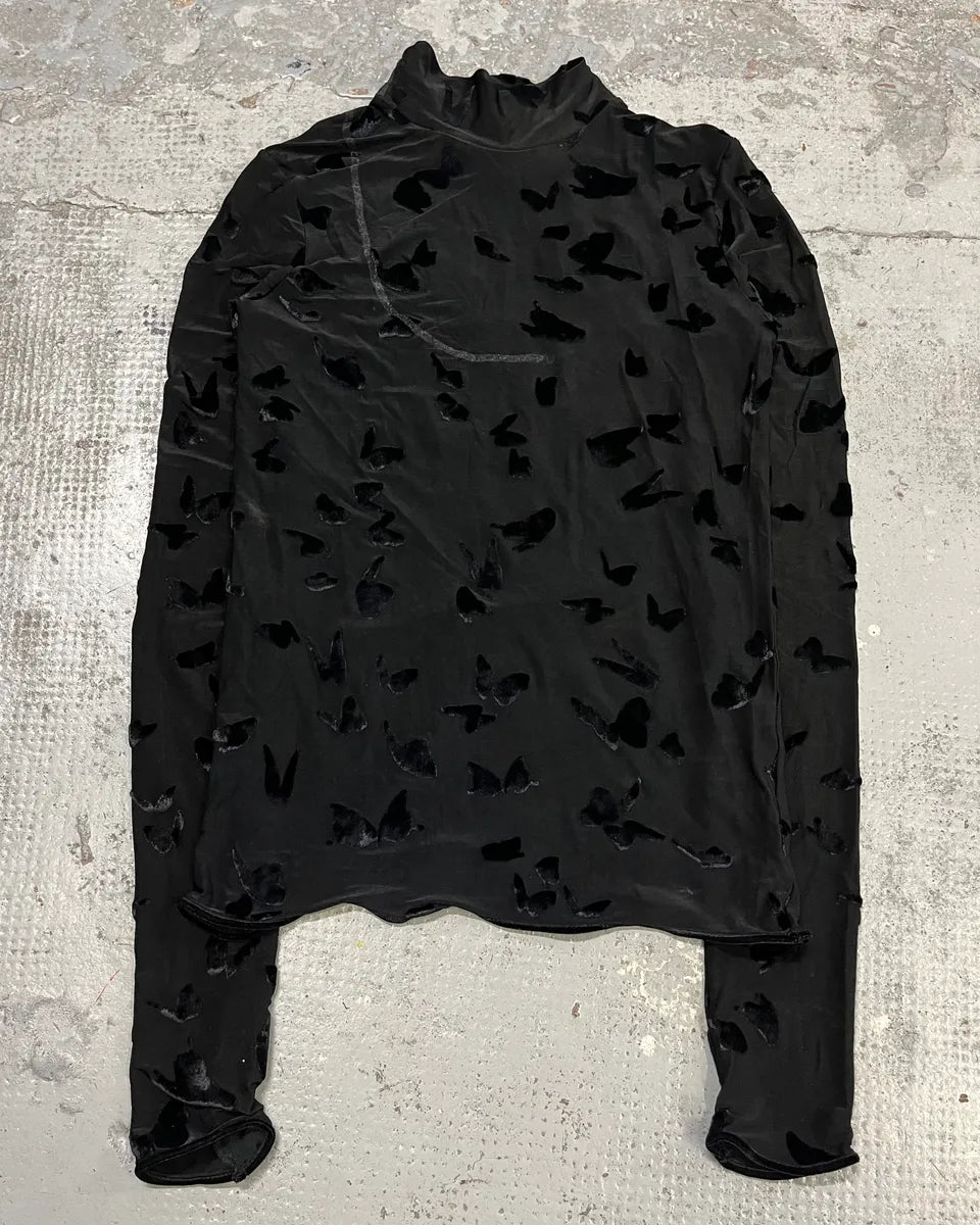 FW2023 Saint Laurent Velvet Butterfly Motifs Black Transparent Turtle Neck Longsleeve Top zeJloQJ 1