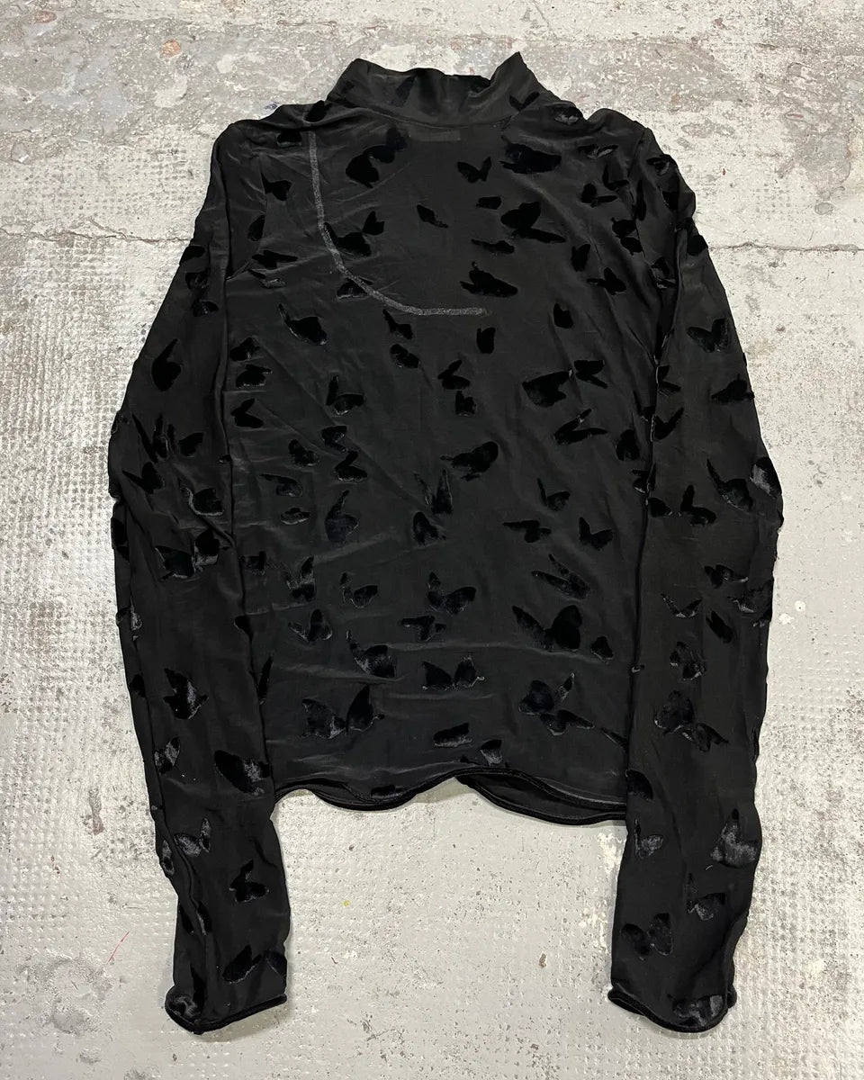 FW2023 Saint Laurent Velvet Butterfly Motifs Black Transparent Turtle Neck Longsleeve Top zeJloQJ 3