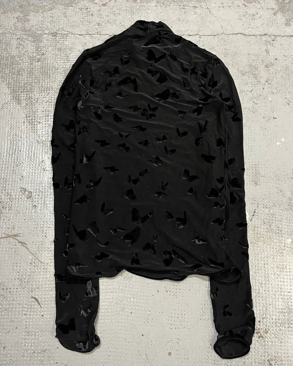 FW2023 Saint Laurent Velvet Butterfly Motifs Black Transparent Turtle Neck Longsleeve Top zeJloQJ 7