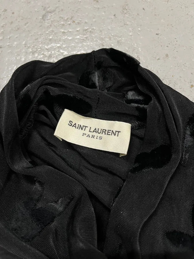 FW2023 Saint Laurent Velvet Butterfly Motifs Black Transparent Turtle Neck Longsleeve Top zeJloQJ 8