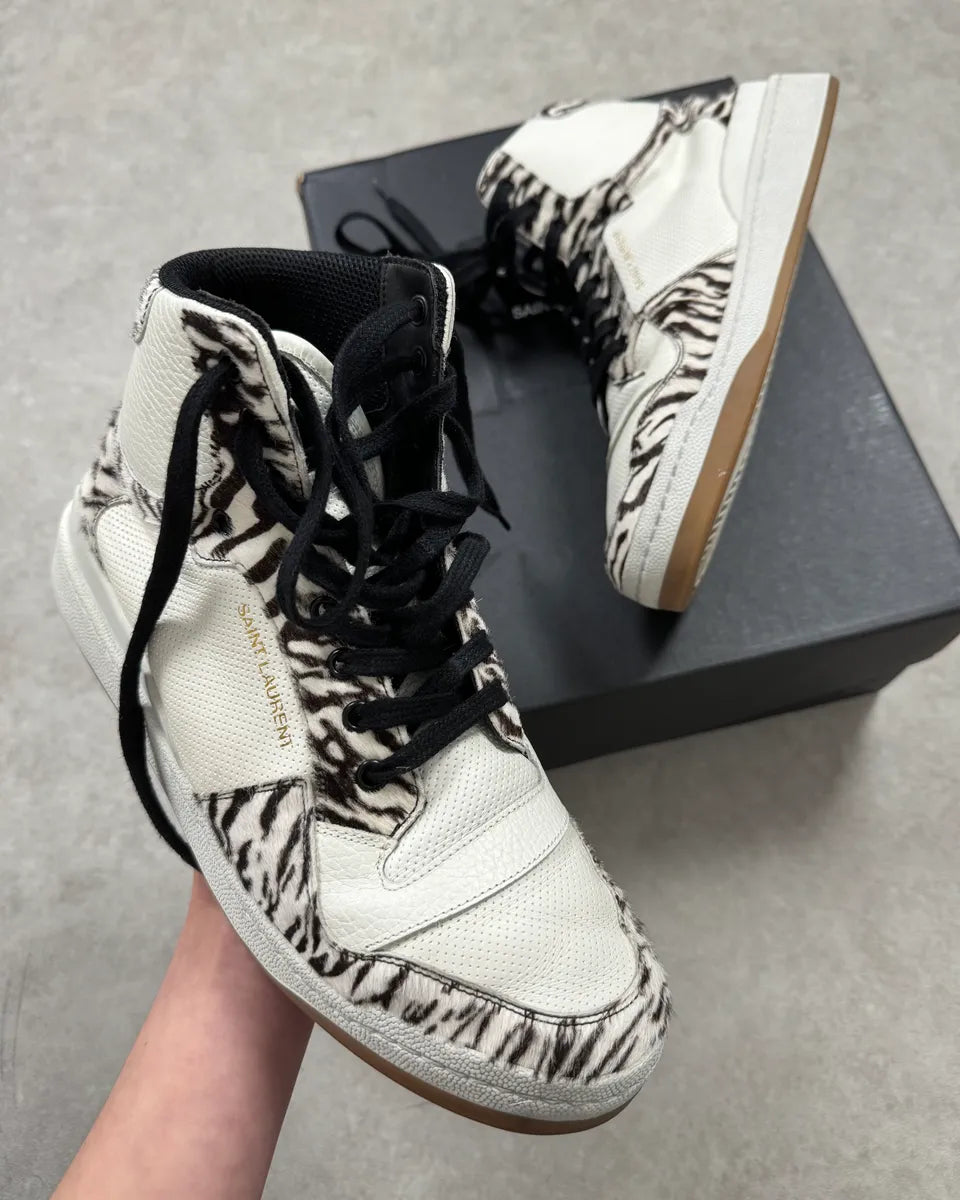 FW2023 Saint Laurent Zebra Fur White Leather High Sneakers stFvzVk 0