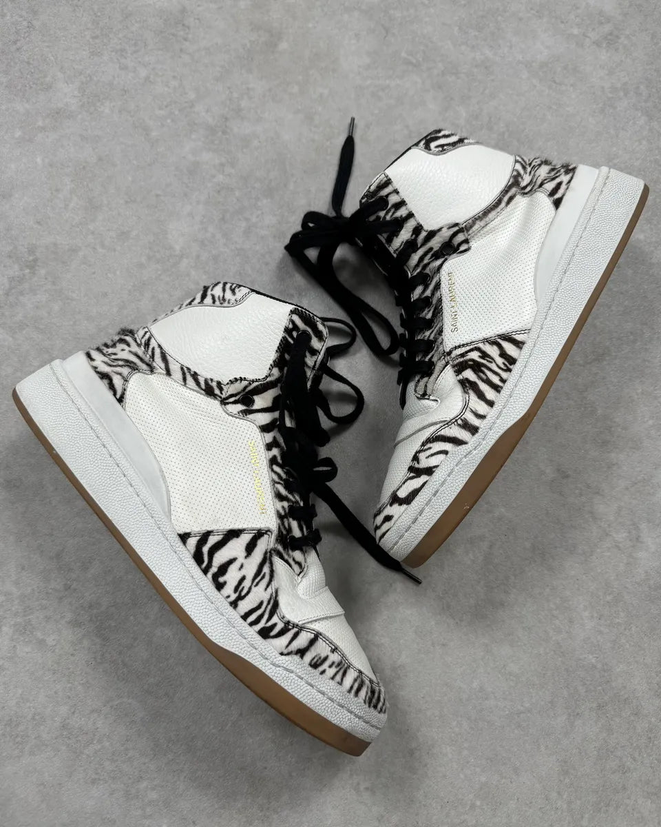 FW2023 Saint Laurent Zebra Fur White Leather High Sneakers stFvzVk 1