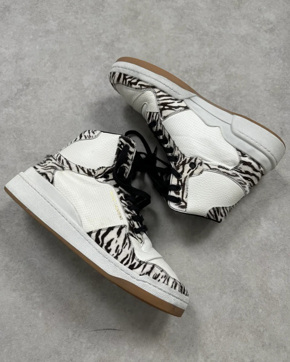 FW2023 Saint Laurent Zebra Fur White Leather High Sneakers stFvzVk 3