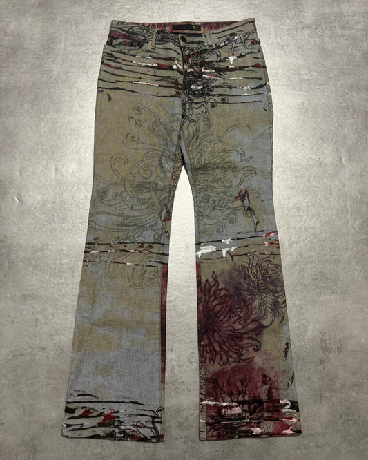 2000s Cavalli Scar Nature Flowers Grey Pants (S) - 1