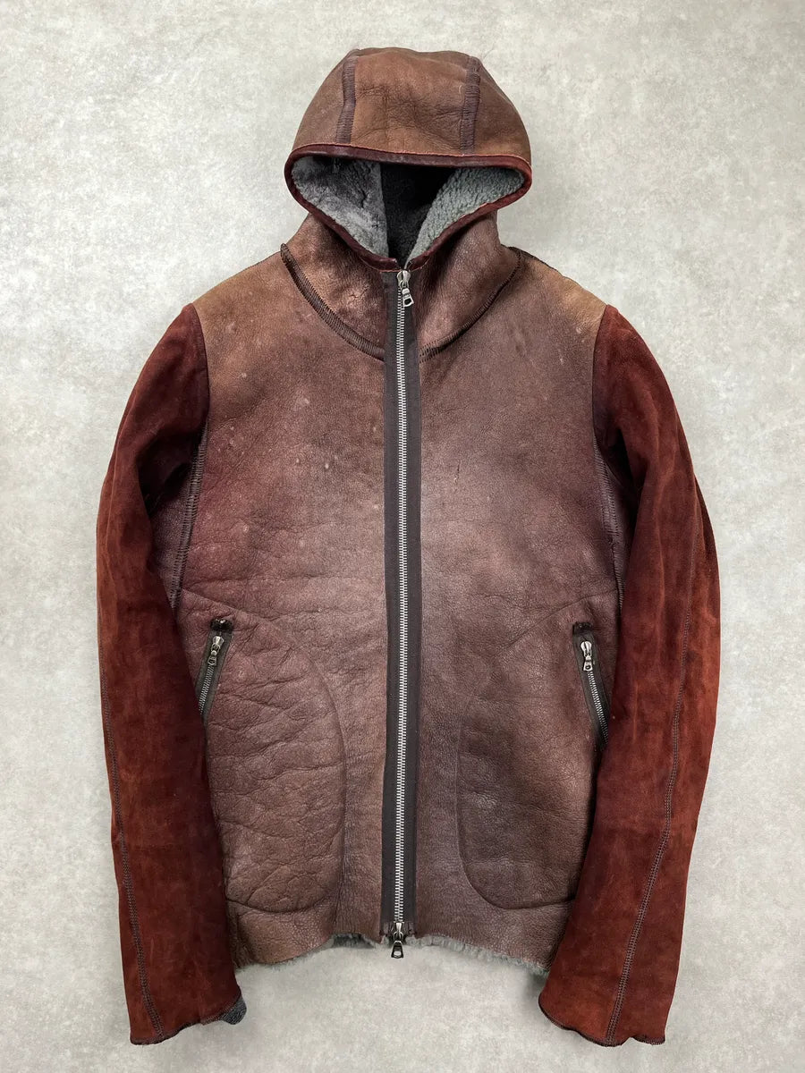 Isaac Sellam Experience Brown Leather Hooded Shearling Leather Jacket fzdBAlIy 0