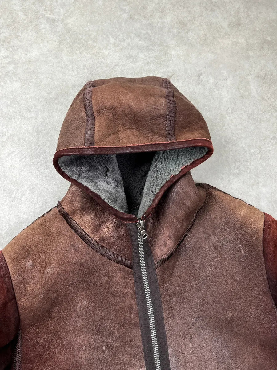 Isaac Sellam Experience Brown Leather Hooded Shearling Leather Jacket fzdBAlIy 5