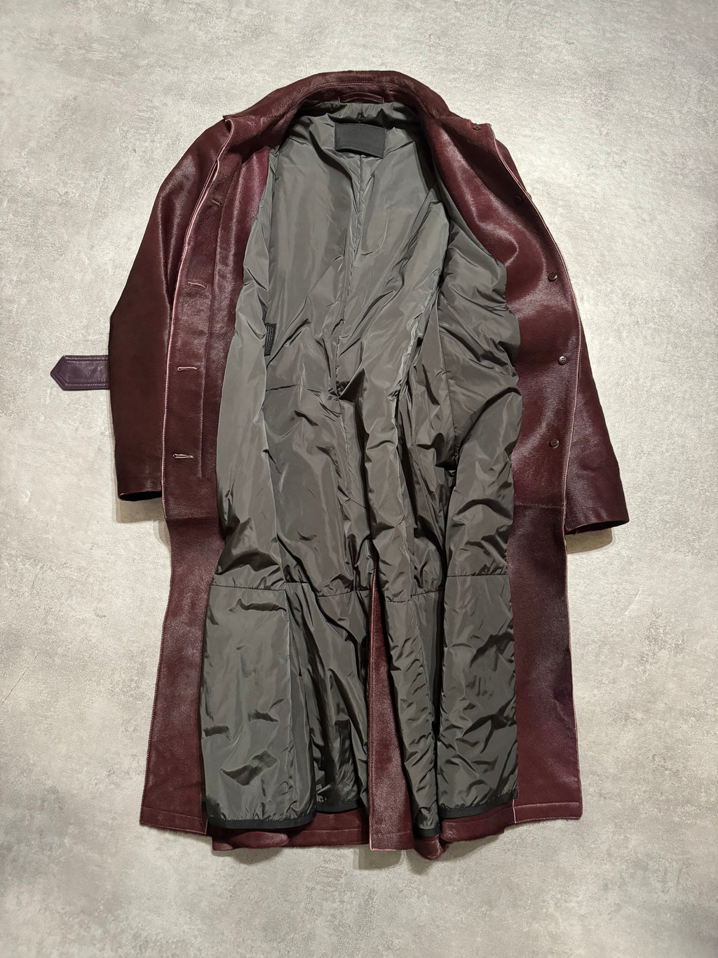 FW2002 Prada Bordeaux Pony Hair Bordeaux Leather Trench Coat