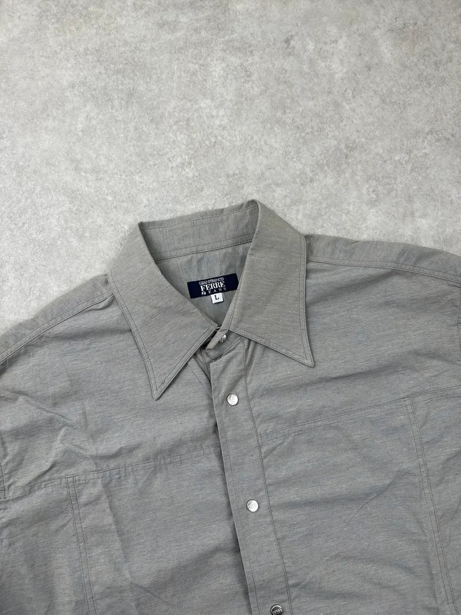 2000s Gianfranco Ferré Grey Linen Snap Button Speckled Shirt gFKvVOjI 7