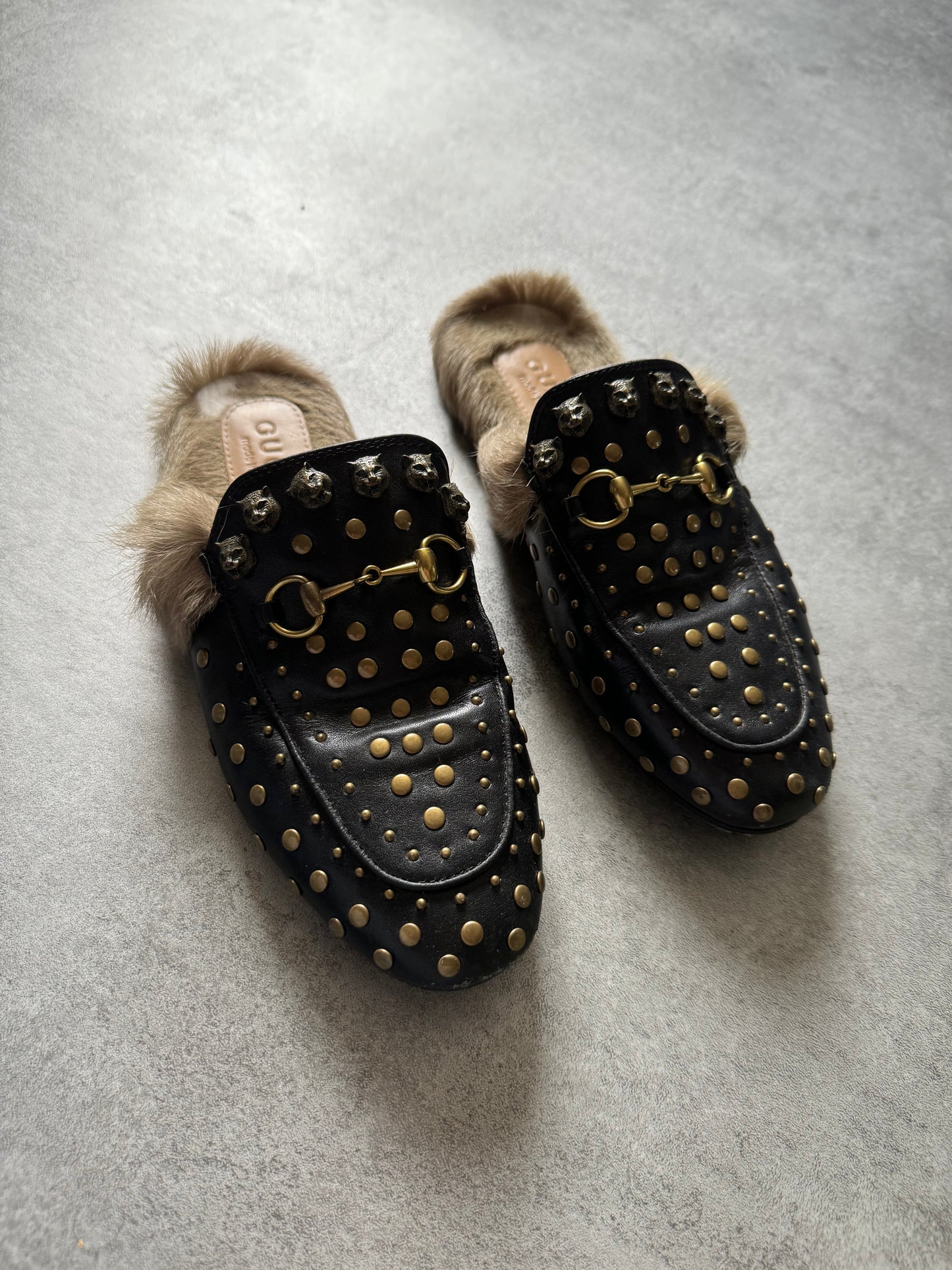Gucci Princetown Studded Leather Fur Mules (38) - 3