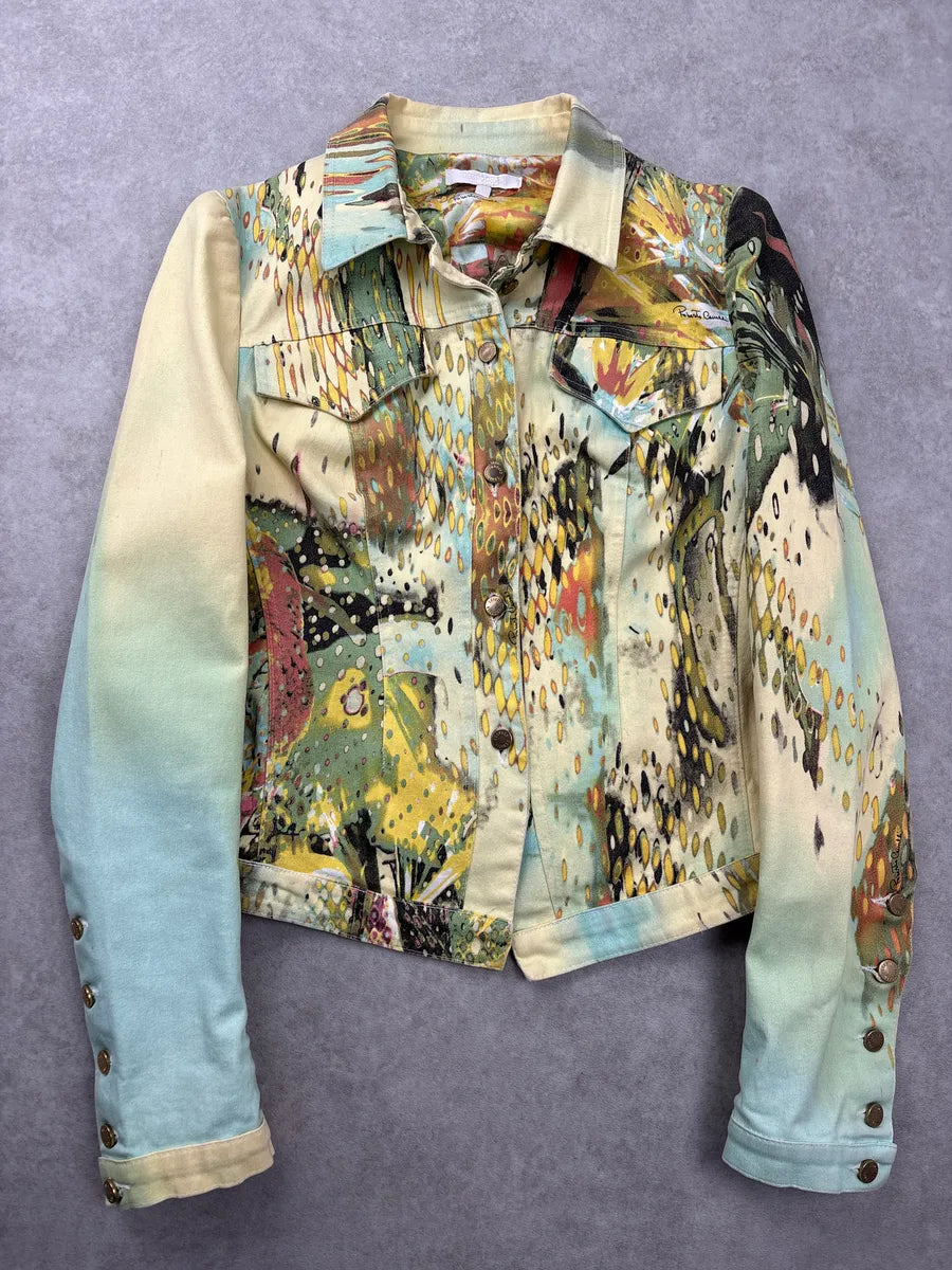 SS2004 Roberto Cavalli Abstract Painting Cropped Denim Jacket gJftCLLK 0