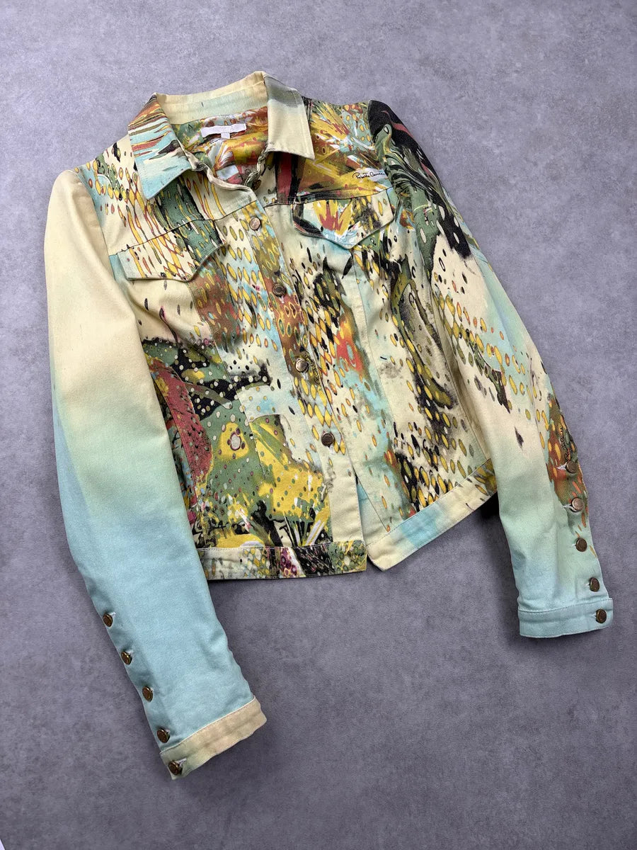 SS2004 Roberto Cavalli Abstract Painting Cropped Denim Jacket gJftCLLK 3