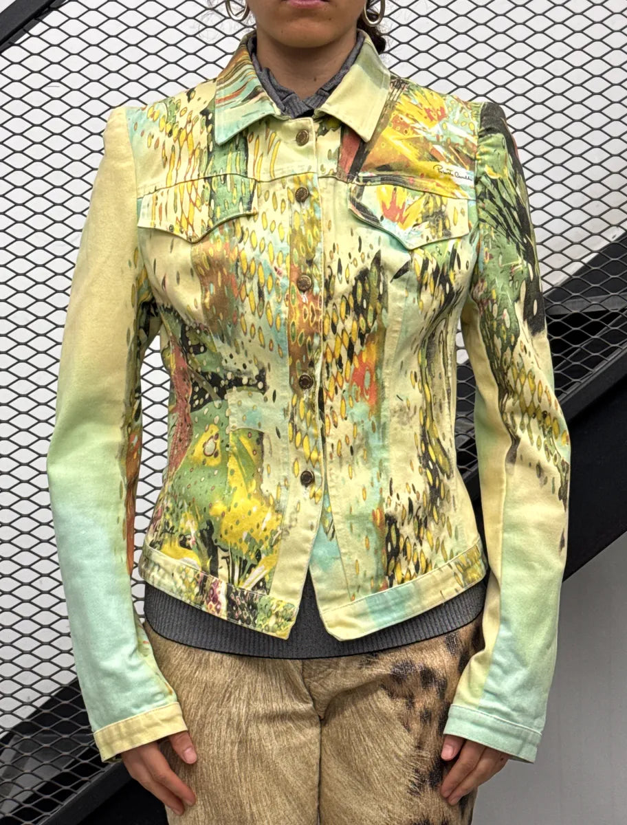 SS2004 Roberto Cavalli Abstract Painting Cropped Denim Jacket gJftCLLK 1
