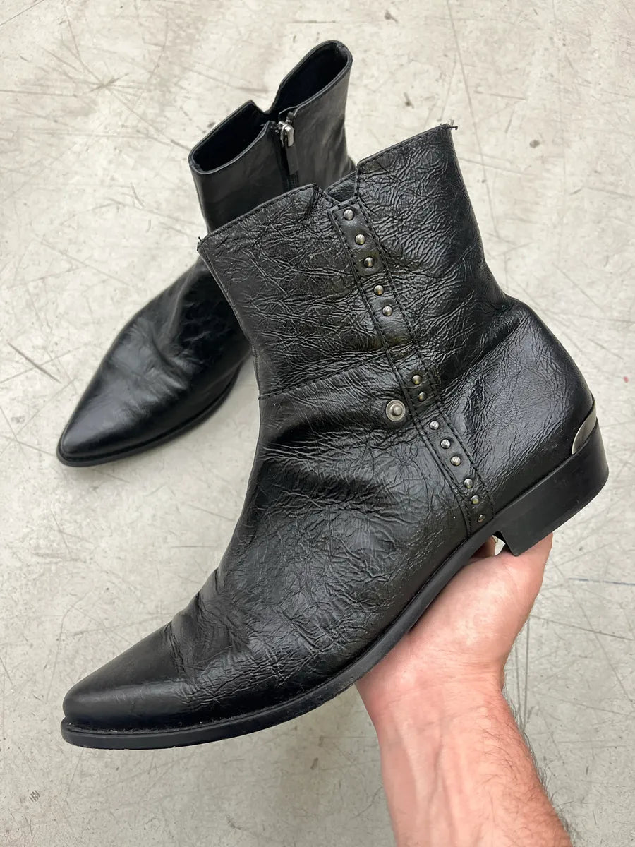 2000s Cavalli Studded Pointed Toe Black Leather Boots gMmiKRhL 0