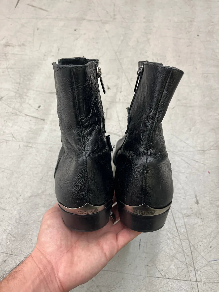 2000s Cavalli Studded Pointed Toe Black Leather Boots gMmiKRhL 5
