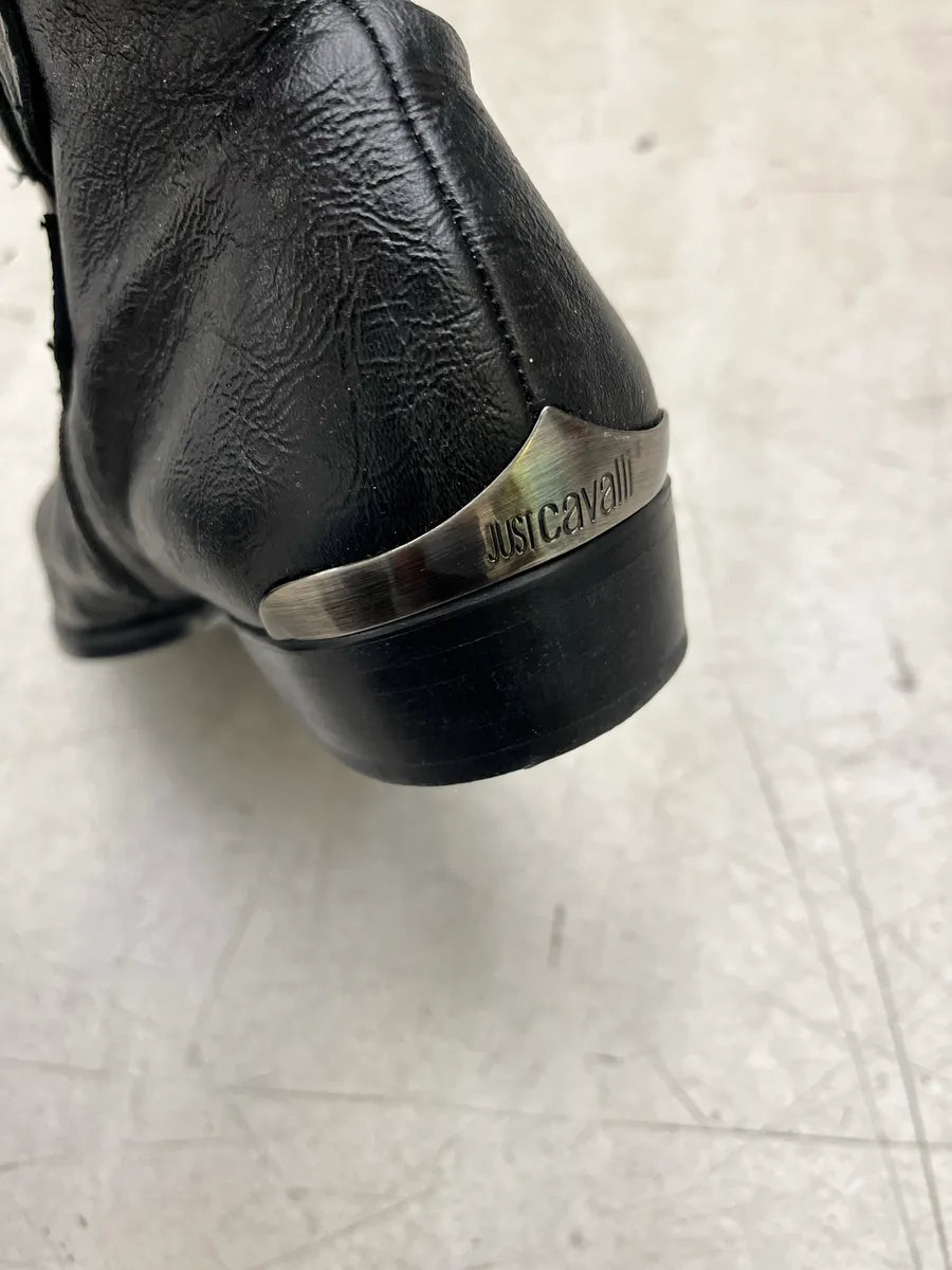 2000s Cavalli Studded Pointed Toe Black Leather Boots gMmiKRhL 6