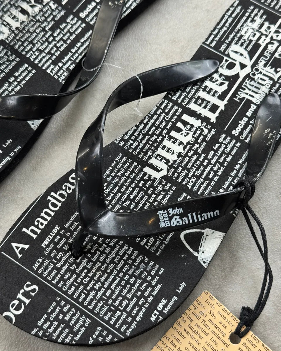 Galliano Black Newspaper Print Black Flip Flops MrZlAuO 3