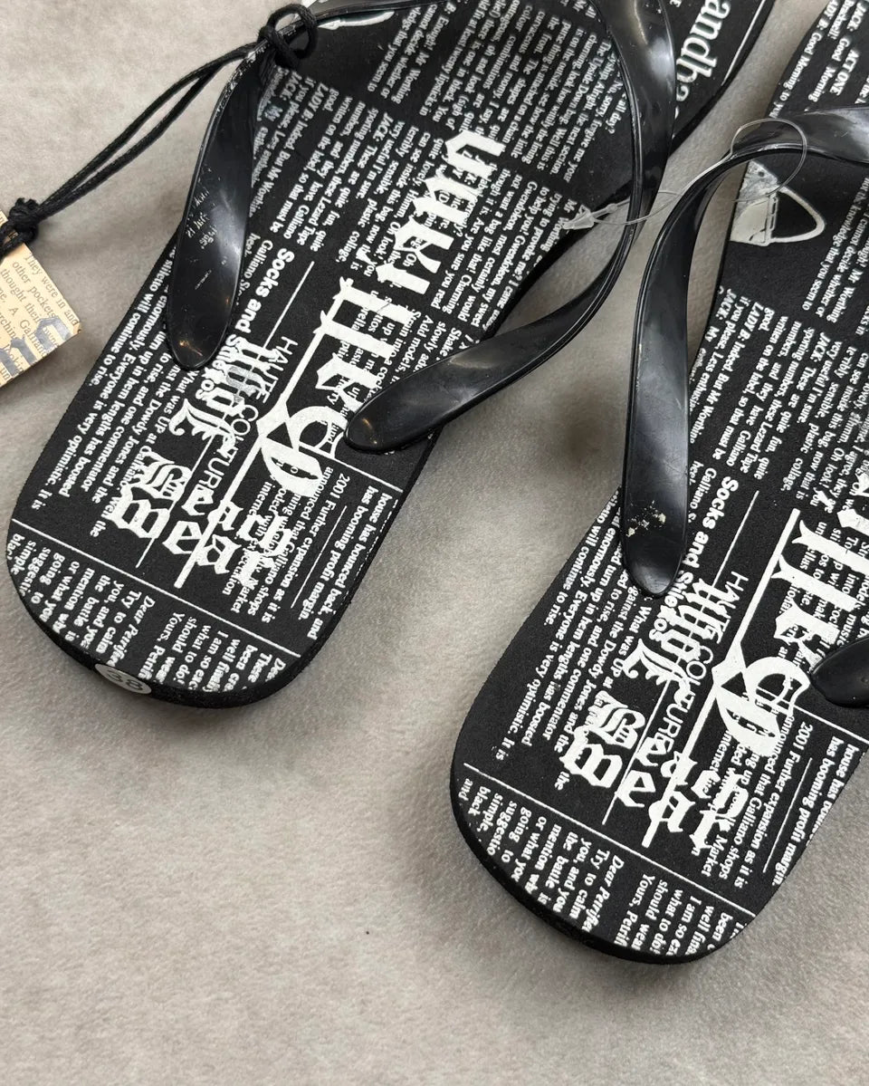 Galliano Black Newspaper Print Black Flip Flops MrZlAuO 4
