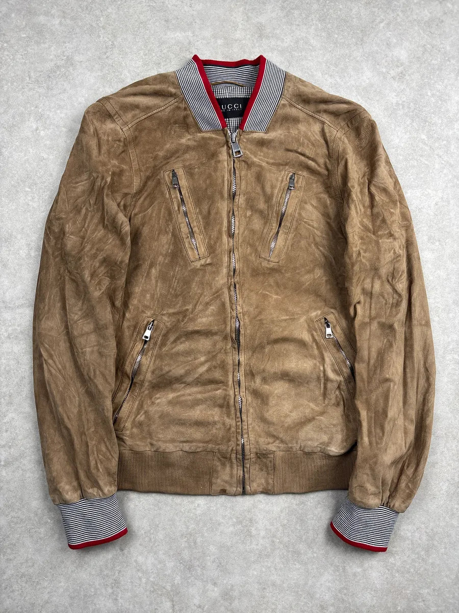 SS2009 Gucci Tan Suede Striped Ribbed Multi-Zip Leather Jacket gcRpipwC 0
