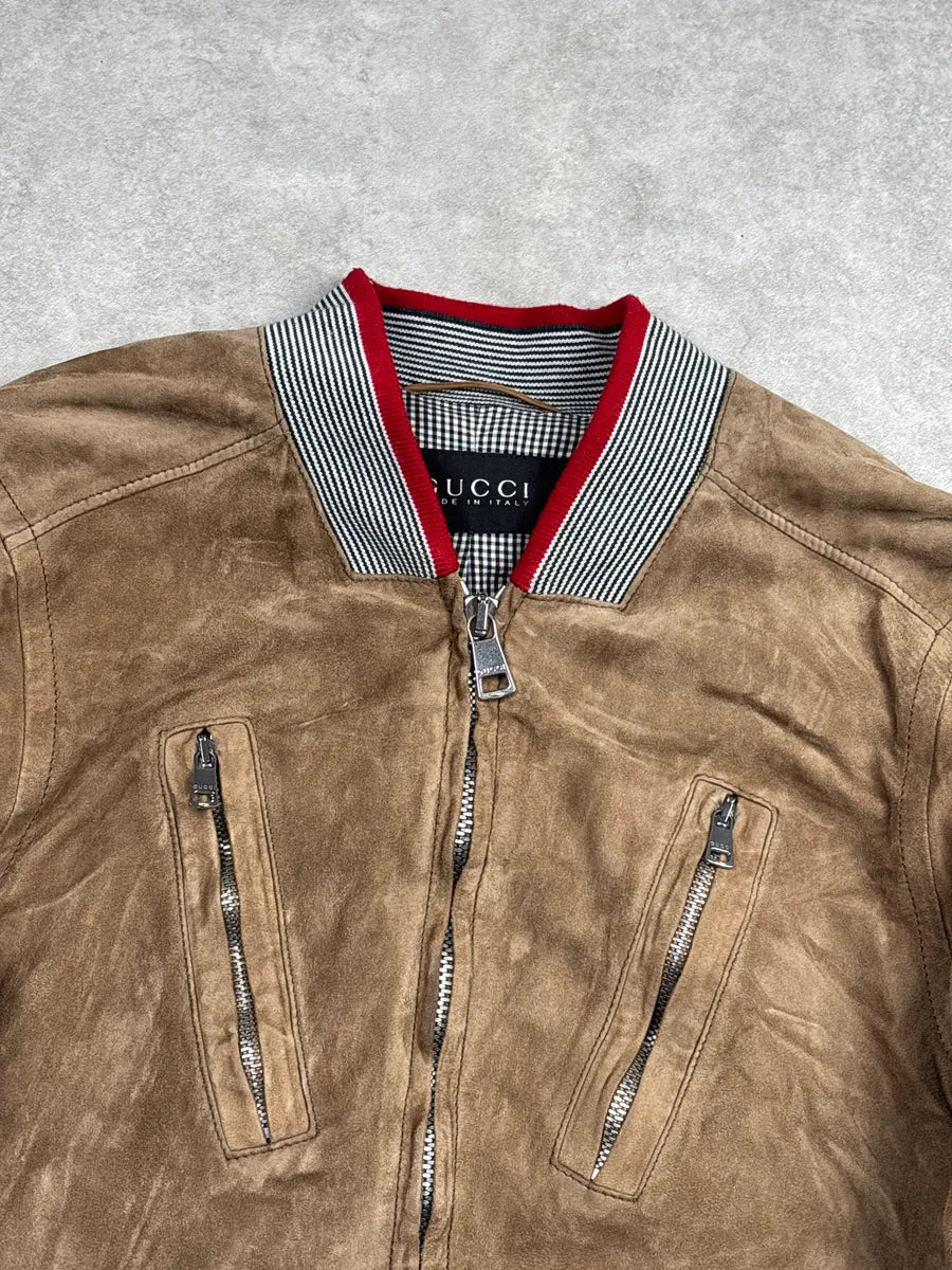 SS2009 Gucci Tan Suede Striped Ribbed Multi-Zip Leather Jacket gcRpipwC 5