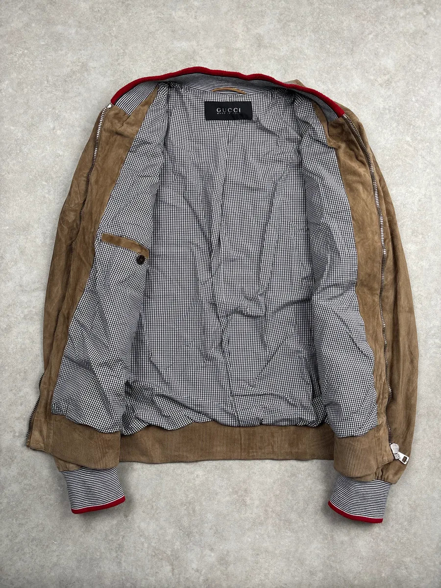 SS2009 Gucci Tan Suede Striped Ribbed Multi-Zip Leather Jacket gcRpipwC 3