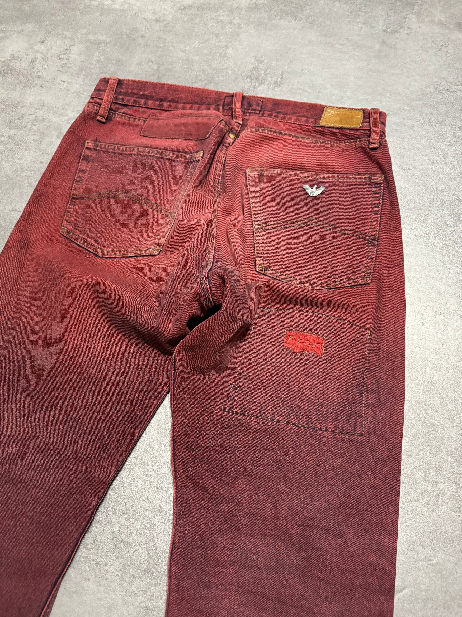 1990s Armani Red Faded Denim Patchwork Pants (L) - 4