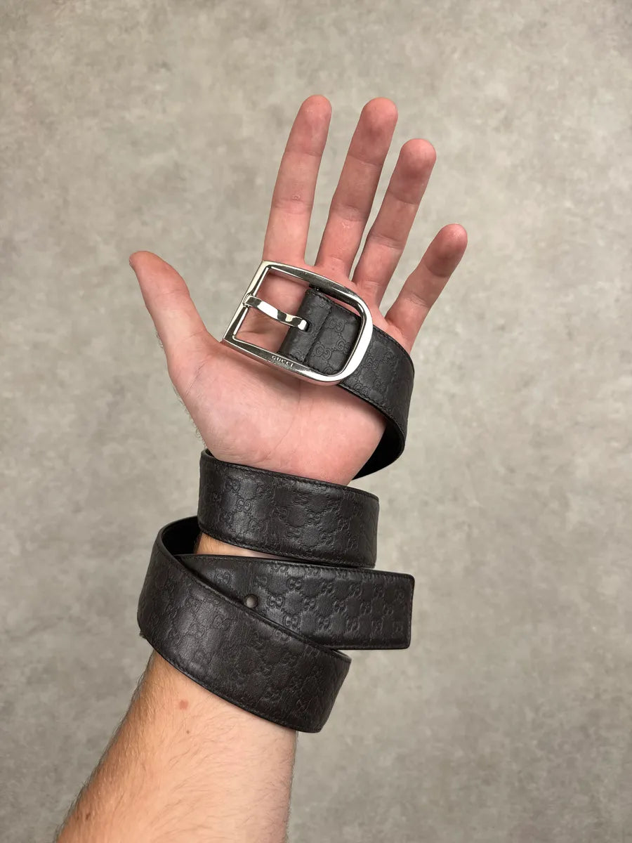 Gucci Dark Brown Leather GG Monogram Silver-Tone Buckle Belt ggnqDZFX 1