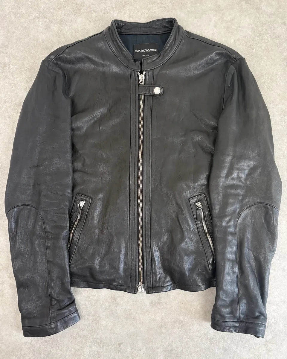 SS2012 Emporio Armani Black Leather Biker Jacket WceEdpD 0