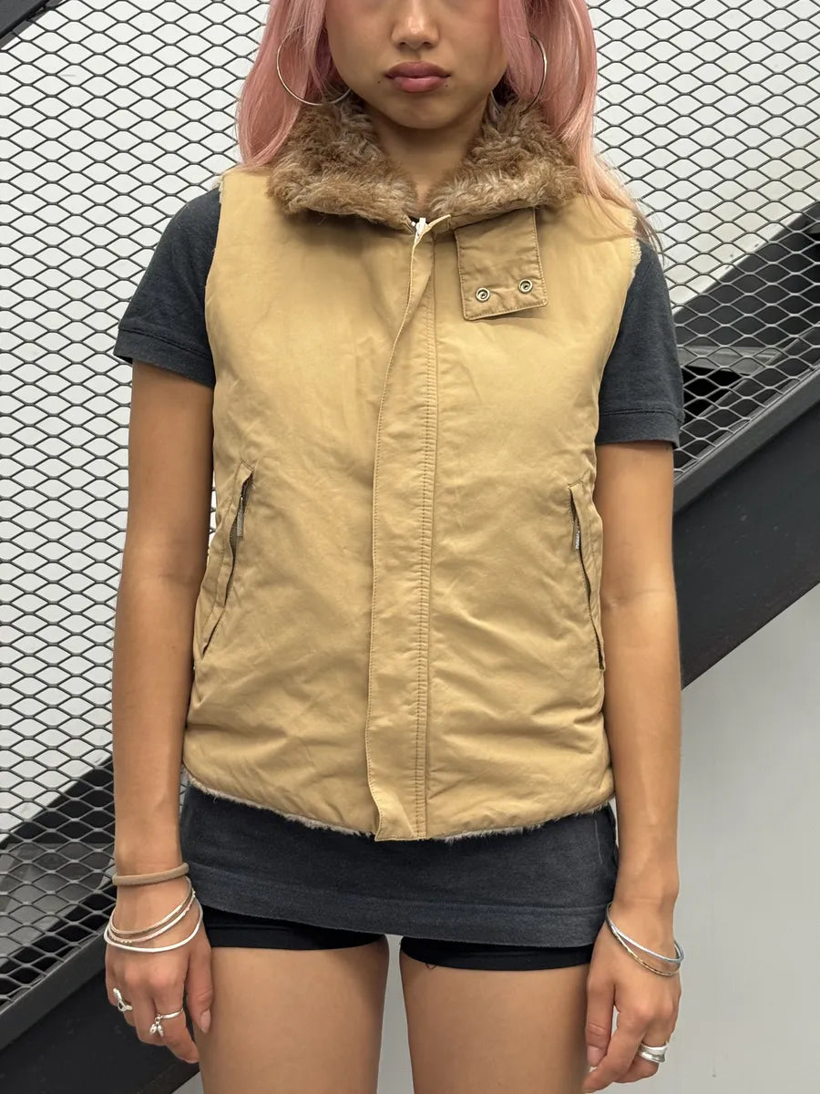 Gianfranco Ferré Beige Nylon Reversible Fur-Collar Vest hCxsVhL 0