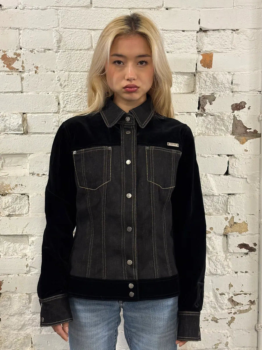 2000s Gianfranco Ferré Black Denim Velvet Hybrid Jacket  joCETFm 1
