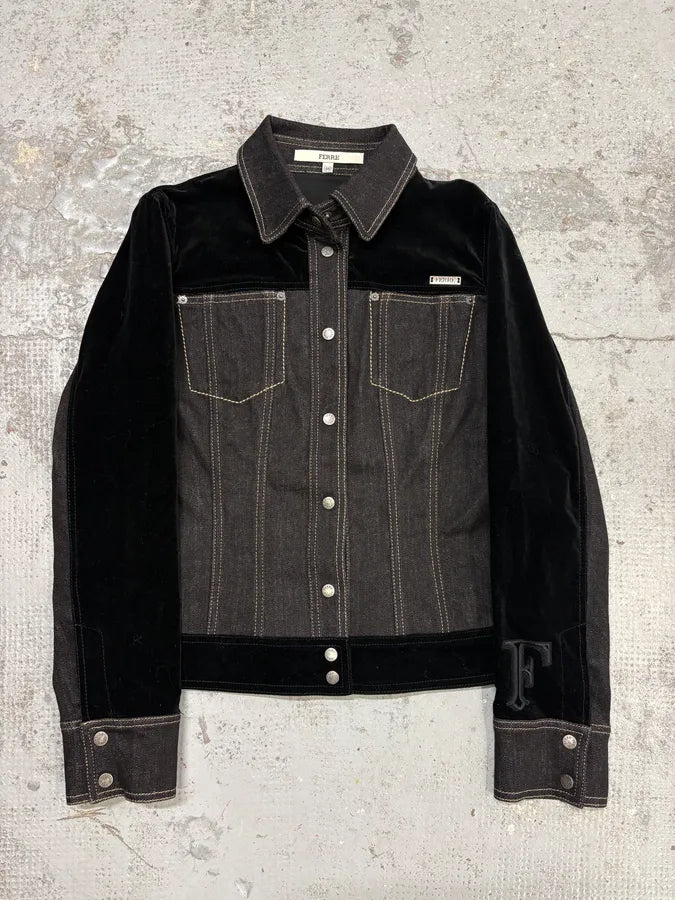 2000s Gianfranco Ferré Black Denim Velvet Hybrid Jacket  joCETFm 0