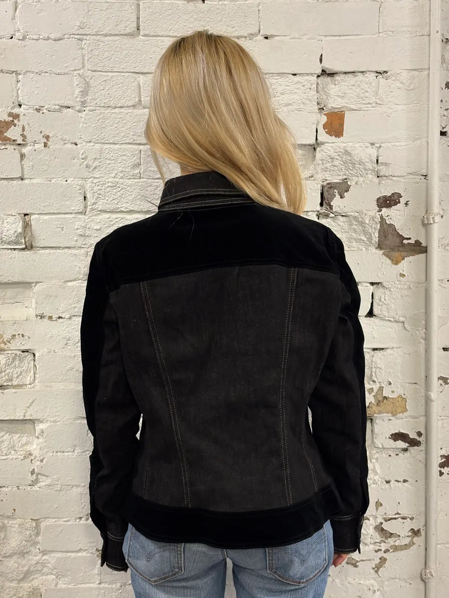 2000s Gianfranco Ferré Black Denim Velvet Hybrid Jacket  joCETFm 2