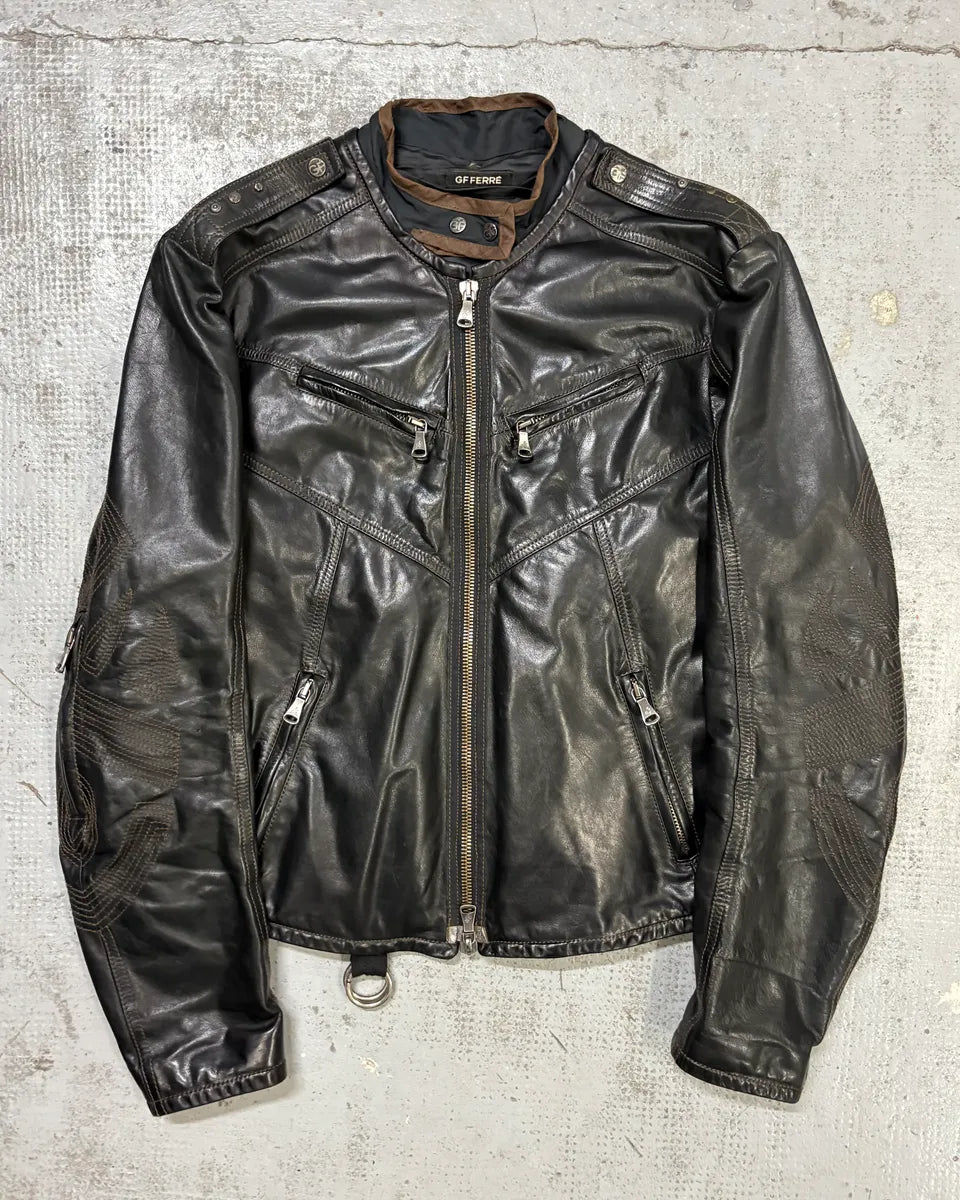 2000s Gianfranco Ferré Black Leather Motorcycle Jacke QphTGrH 0