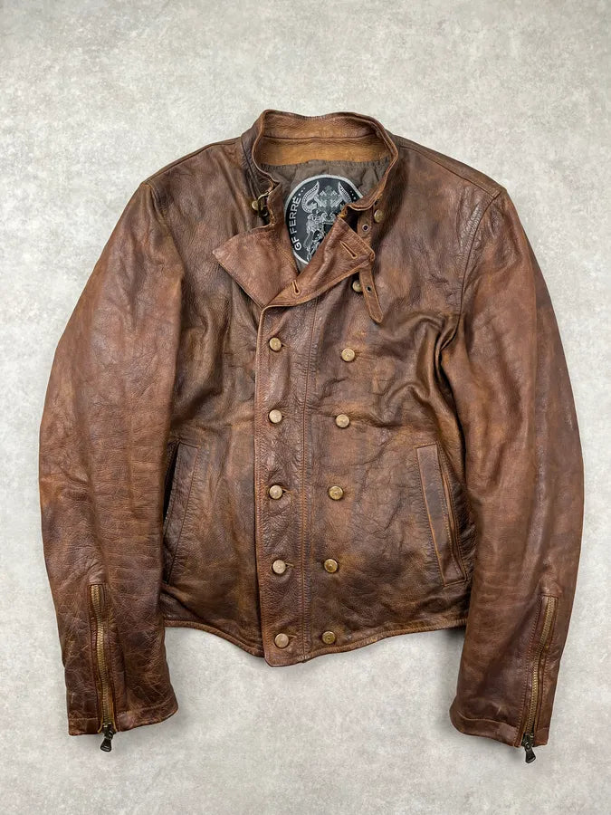 2000s Gianfranco Ferré Brown Leather Buttoned Leather Jacket XKfeFvJ 0
