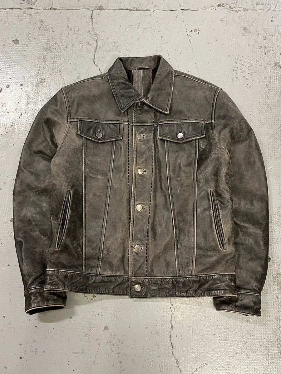 Gianfranco Ferré Eroded Grey Black Leather Trucker Jacket pdmzscC 0