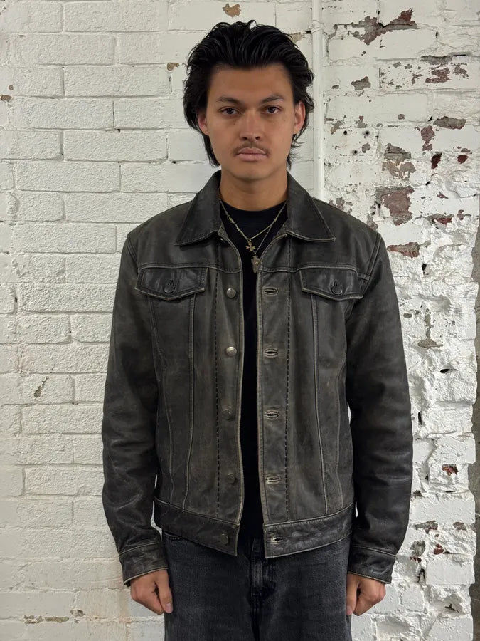 Gianfranco Ferré Eroded Grey Black Leather Trucker Jacket pdmzscC 1