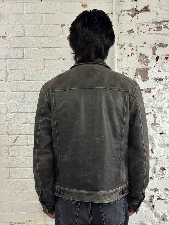 Gianfranco Ferré Eroded Grey Black Leather Trucker Jacket pdmzscC 2