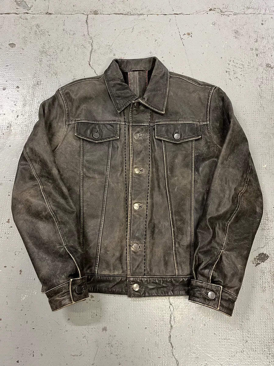 Gianfranco Ferré Eroded Grey Black Leather Trucker Jacket pdmzscC 3