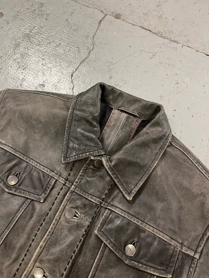 Gianfranco Ferré Eroded Grey Black Leather Trucker Jacket pdmzscC 4